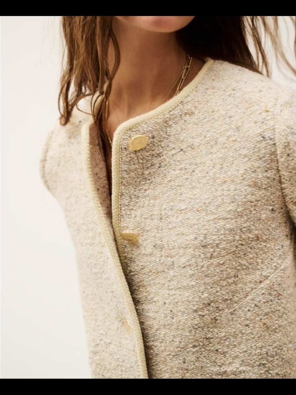 ba&sh Cream Tweed Button Front Cardigan with Gold Buttons - Picture 2 of 15
